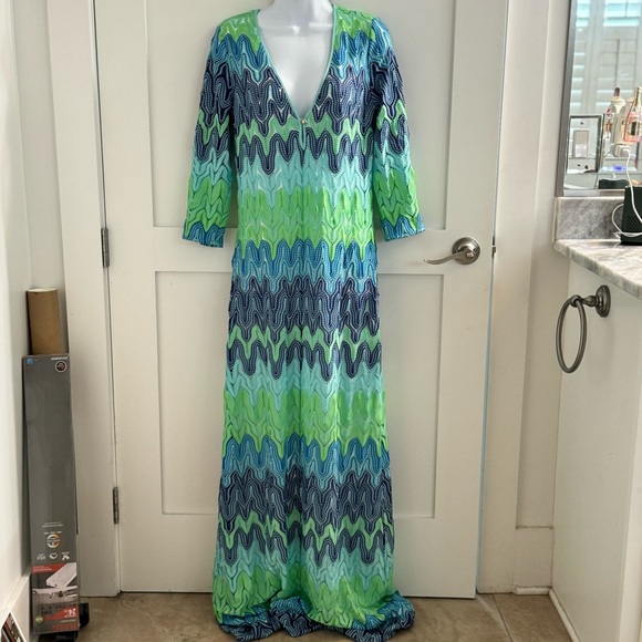Lamora Crocheted Lace Maxi Dress in Blue and Green- Large - Picture 5 of 6